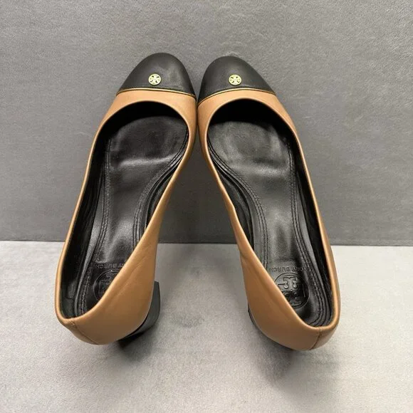 Tory Burch Ethel Two-Tone Tan and Black Leather Block Heel Pumps - Picture 6 of 10